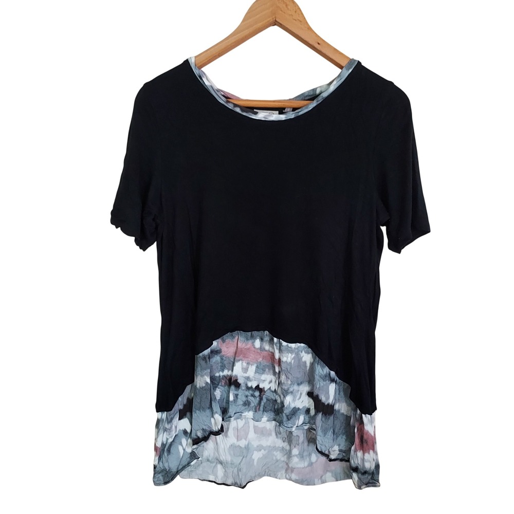 LOGO Lori Goldstein Black Mixed Media Tie Dye High Low Tunic Top MP
